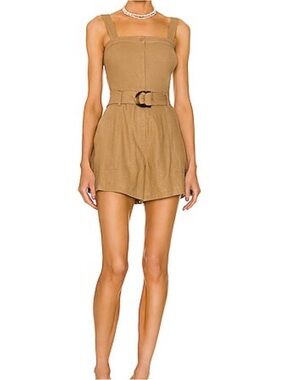 Jonathan Simkhai Standard Marin Topaz Tan Linen Sleeveless Belted Romper XS [CH]